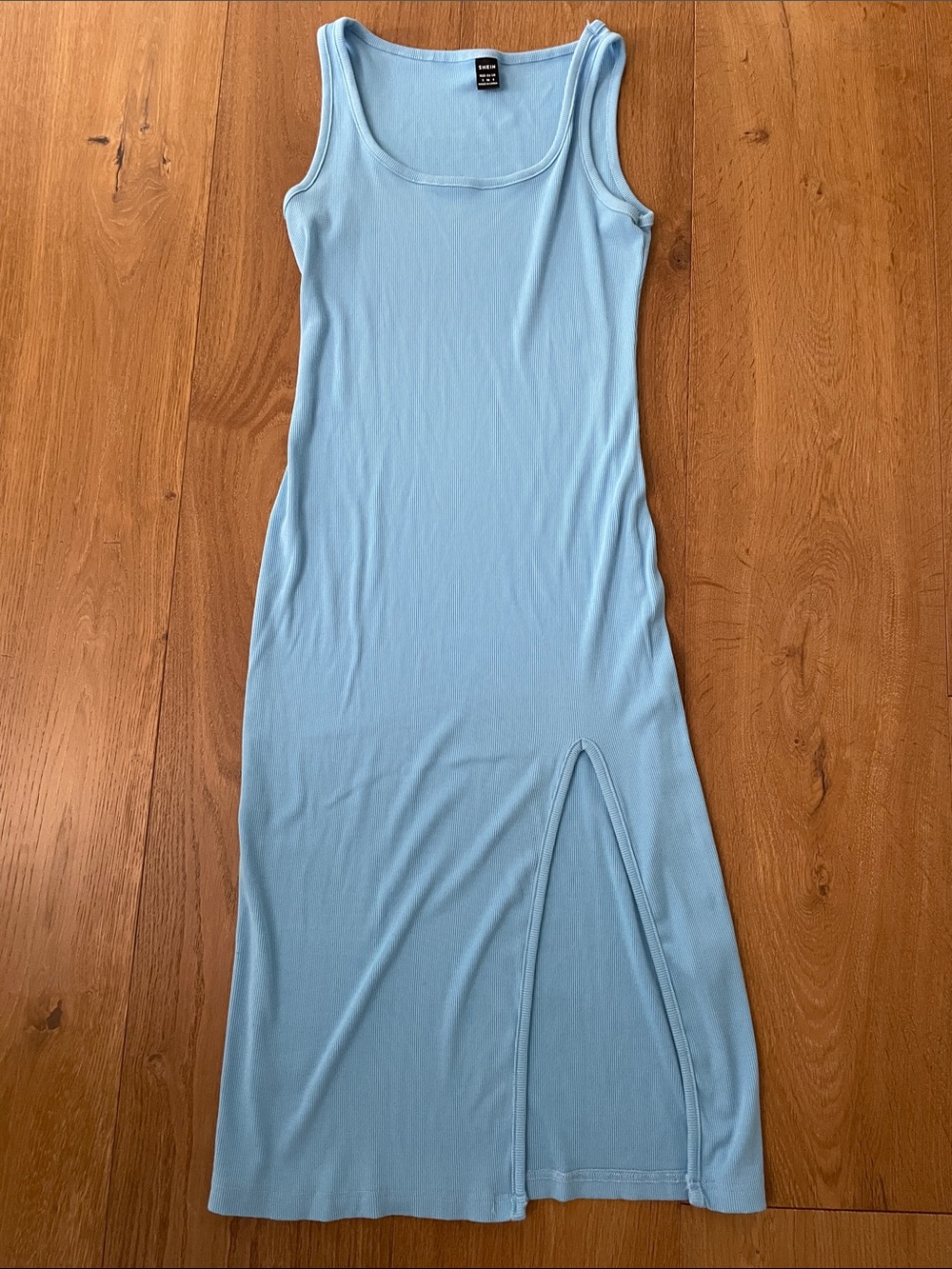 Light Blue Ribbed Midi Tank Dress with front slit
